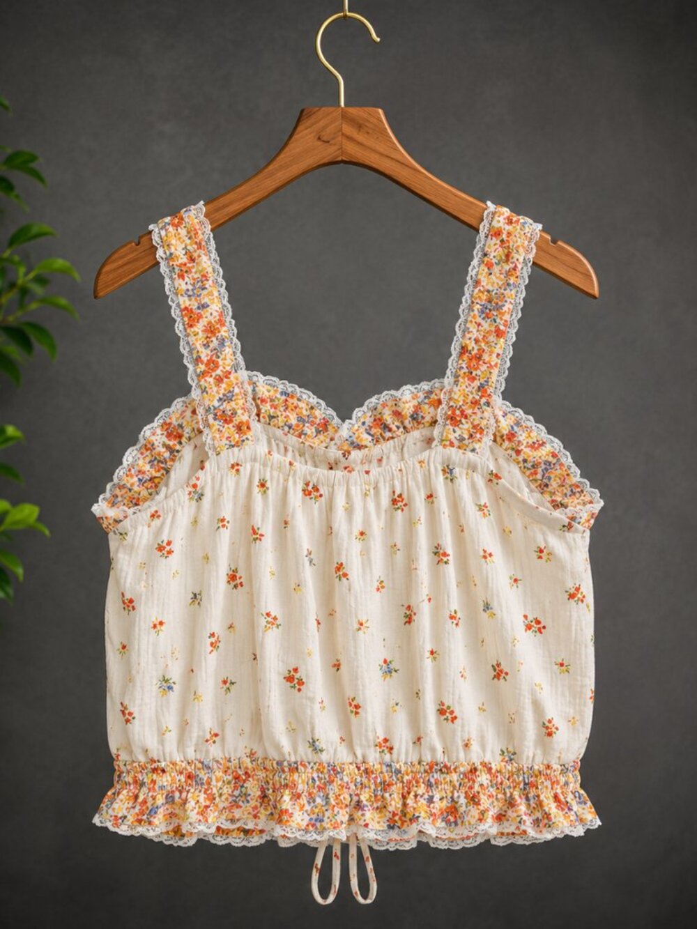Summer Cottagecore Floral Ruffle Lace Trim Tie Hem Cami Tank Top A. Eagle Lrg. - Picture 3 of 7
